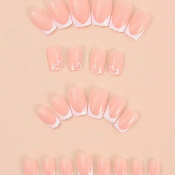 24 Pcs Short Pink French Tip Heart Nail Decals With Press-On Adhesive, White